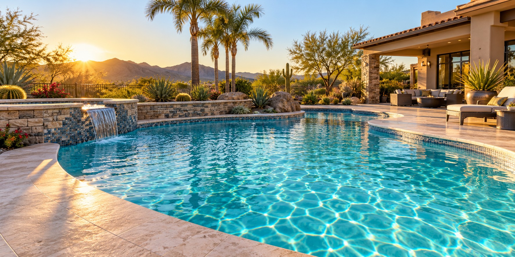 Sparkling blue swimming pool in a landscaped Arizona backyard