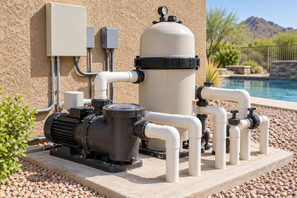 Residential pool pump, filter and plumbing
